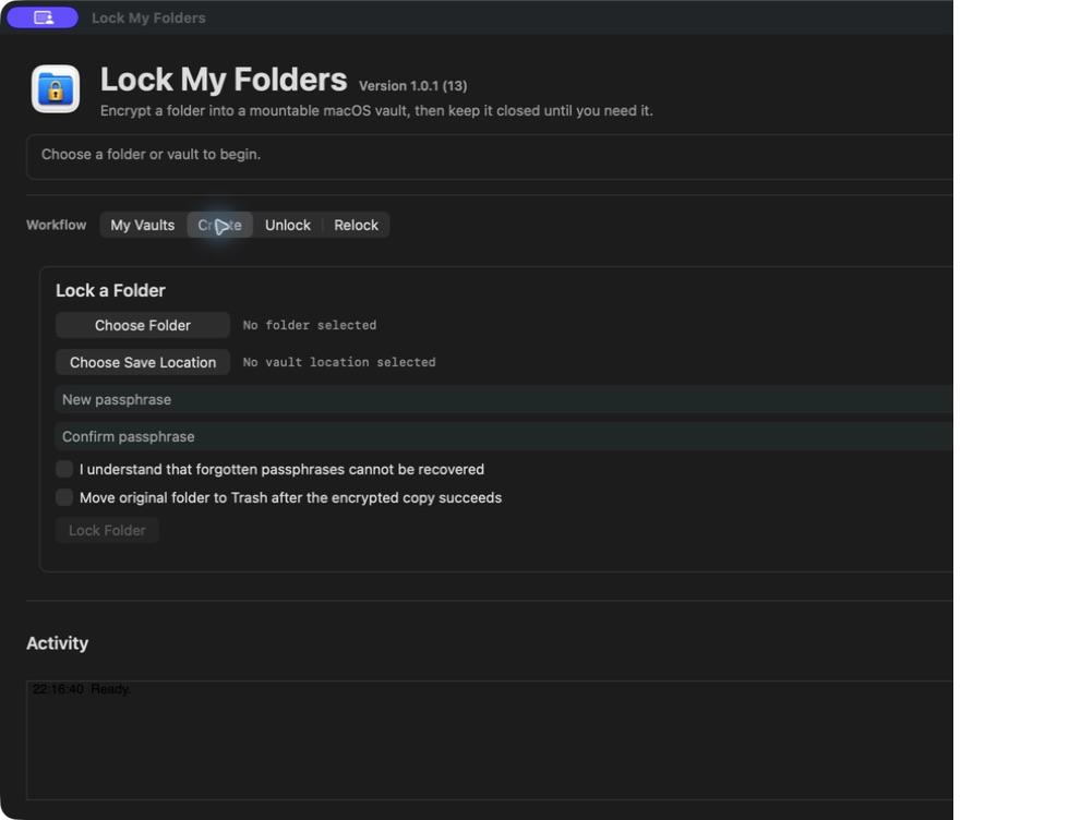 Lock My Folders create workflow showing folder, save location, passphrase, and safety confirmation fields