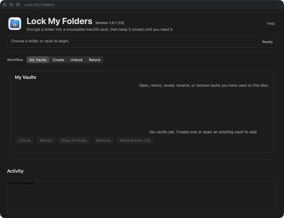 Lock My Folders vault dashboard